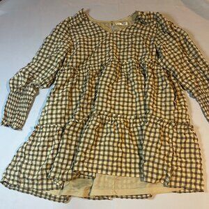 Perfectly‎ Priscilla Mini Dress Womens Large Tan Checkered Tiered Long Sleeves